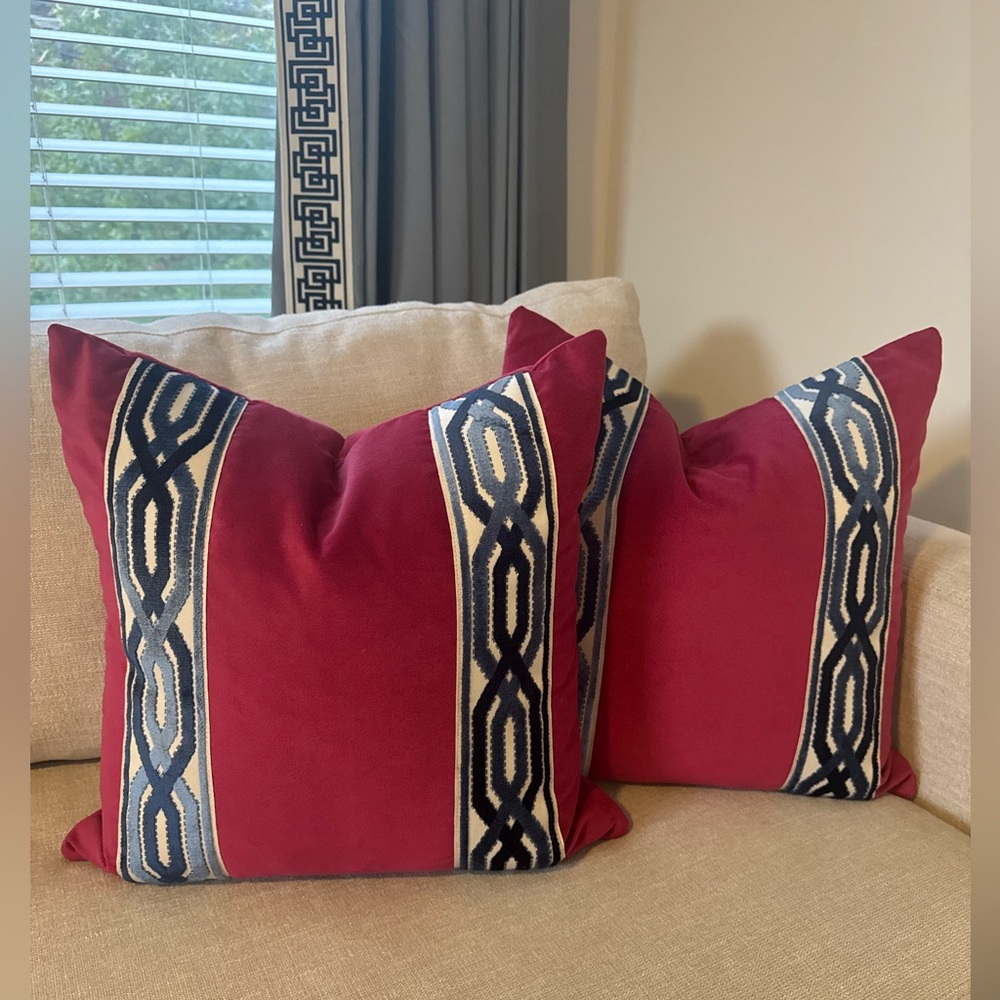 2 Designer Fuchsia Pillow Covers With Blue Trim 20” X 20”